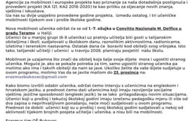 Poziv učenicima 6. i 7. razreda na iskaz interesa za sudjelovanje u Erasmus mobilnosti